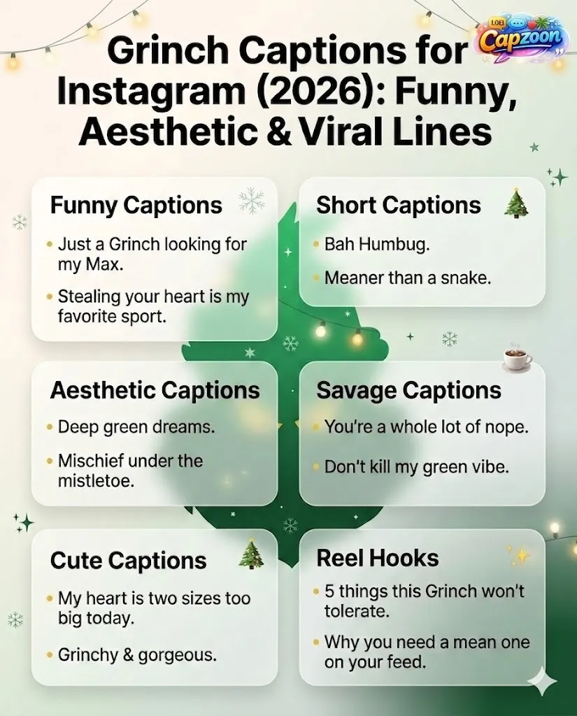 Grinch captions for Instagram 2026 infographic featuring funny, short, aesthetic, and savage holiday caption ideas in a modern green-themed design.