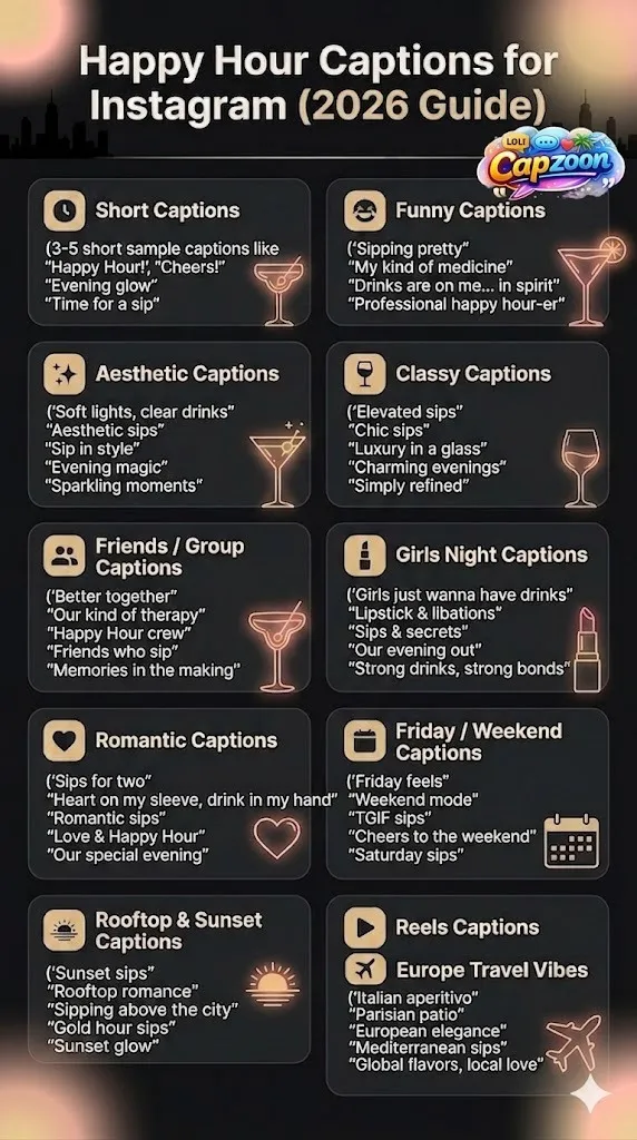 Happy Hour Captions for Instagram infographic featuring short, funny, aesthetic, classy, and trendy caption ideas for cocktails, friends, rooftop bars, and sunset vibes in 2026.
