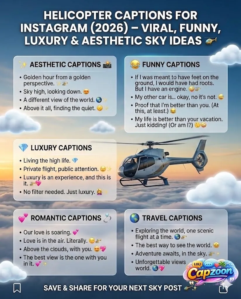 Helicopter captions for Instagram 2026 infographic featuring viral, funny, luxury, aesthetic, romantic, and travel caption ideas with a cinematic sky and helicopter luxury travel theme.
