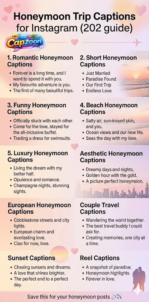 Honeymoon trip captions for Instagram 2026 guide infographic featuring romantic, funny, short, beach, luxury, and aesthetic caption ideas for couples and newlyweds.