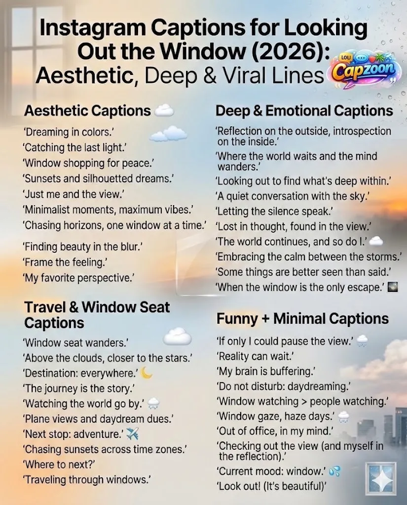 Instagram captions for looking out the window infographic 2026 featuring aesthetic, deep, travel, rainy, night, funny, and minimal caption ideas for Instagram posts and reels with a soft cinematic design.
