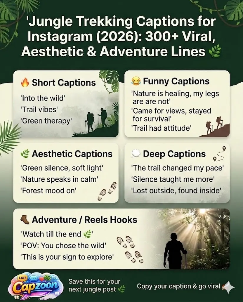 Jungle trekking captions infographic featuring short, funny, aesthetic, deep, and adventure Instagram captions with a green nature theme, designed for travel posts, reels, and forest photography.
