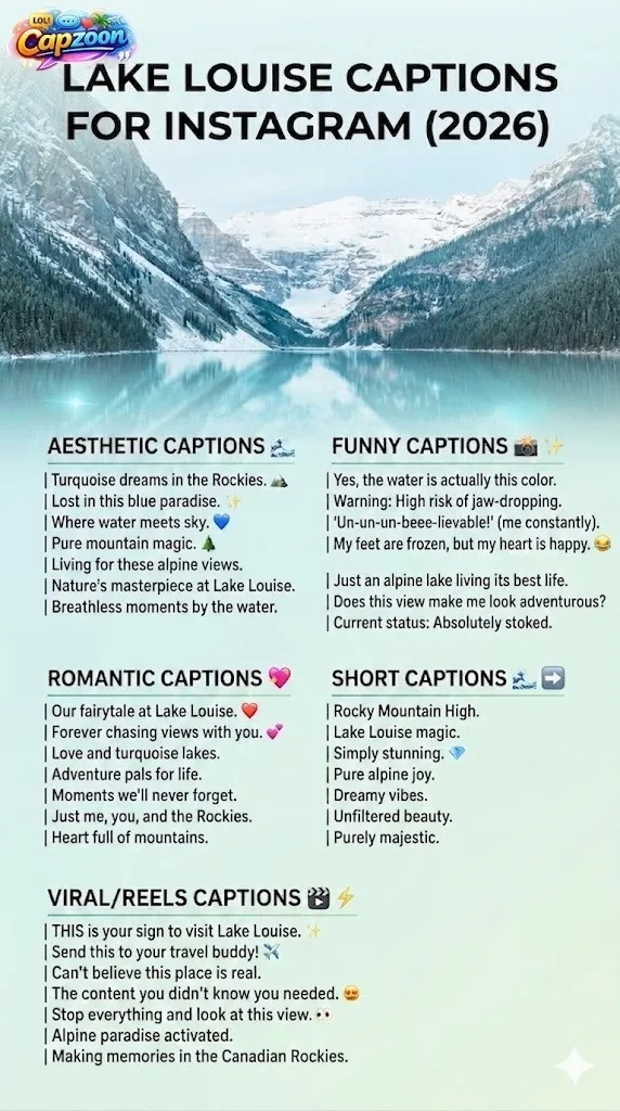 Aesthetic infographic showing Lake Louise in Canada with turquoise water and snowy mountains, featuring categorized Instagram captions for 2026 including aesthetic, funny, romantic, short, and viral caption ideas designed for travel posts and social media engagement.