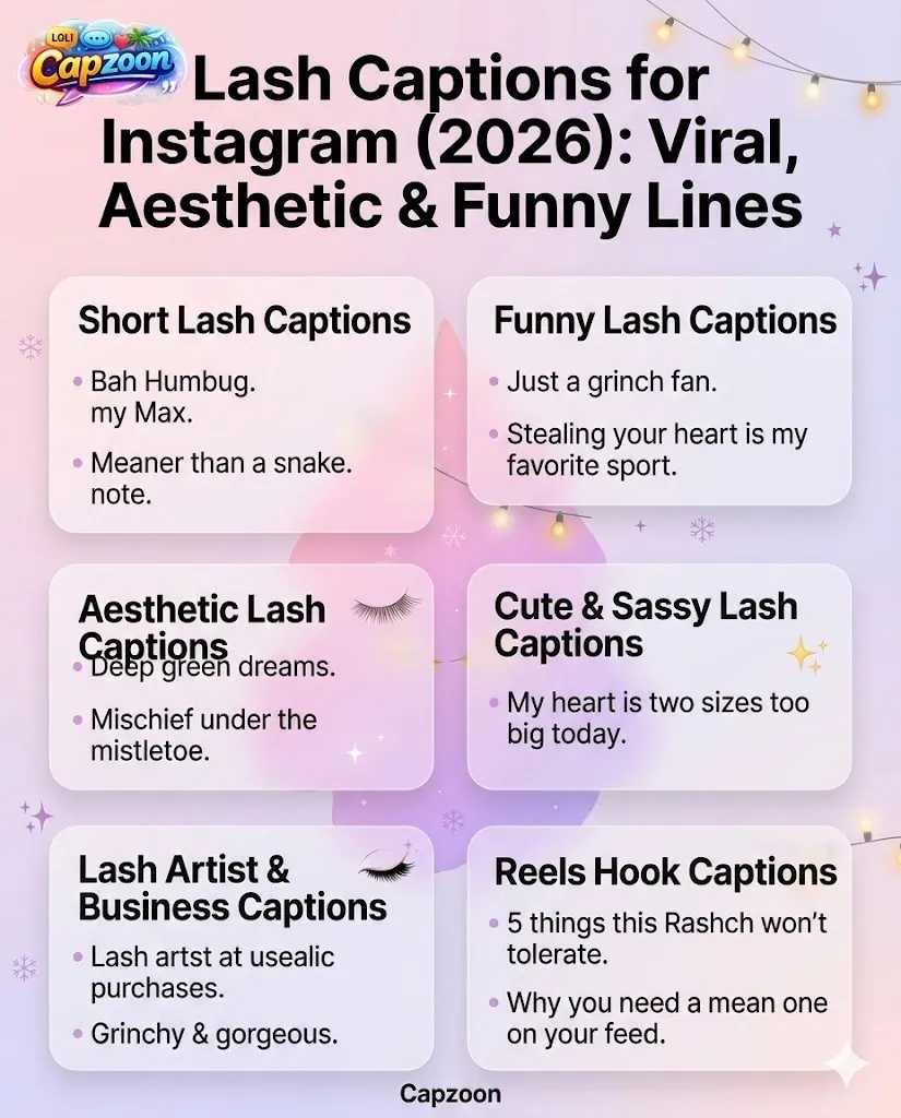 Infographic showing 225+ lash captions for Instagram in 2026, including aesthetic, funny, cute, sassy, lash artist, and business captions designed for selfies, reels, and beauty posts.