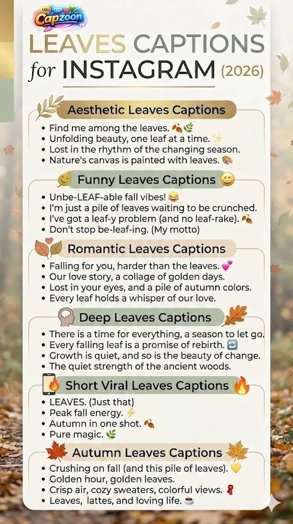 Infographic showing 300+ leaves captions for Instagram (2026), including aesthetic, funny, romantic, deep, short, and autumn leaf captions designed for social media engagement and viral posts.