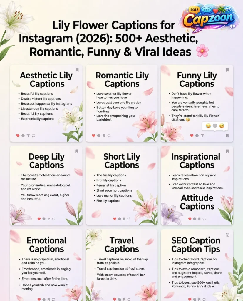 Lily flower captions for Instagram 2026 infographic featuring aesthetic, romantic, funny, deep, short, and viral caption ideas designed to boost engagement, likes, saves, and shares on social media platforms.