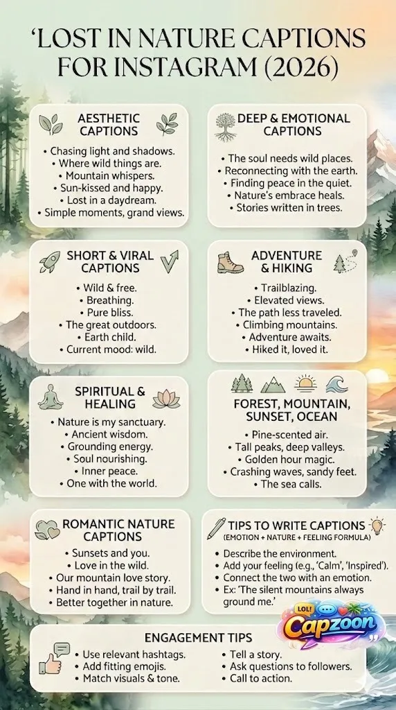 Infographic showing lost in nature captions for Instagram 2026, including aesthetic, deep, short, hiking, forest, mountain, and beach caption ideas with social media tips.