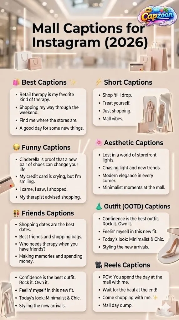 Mall captions for Instagram 2026 infographic featuring aesthetic, funny, short, outfit, friends, and reels caption ideas with a modern shopping theme design.