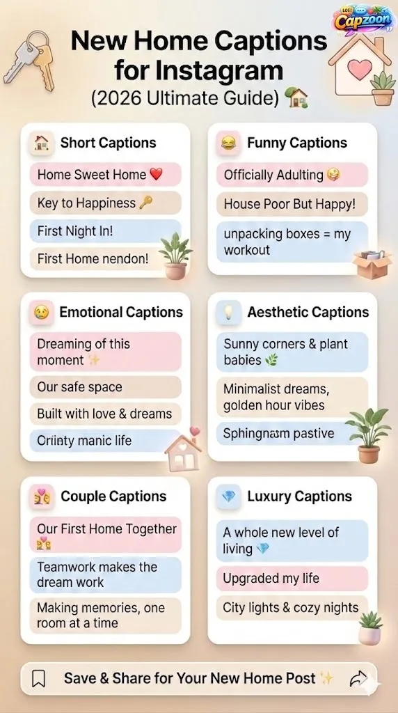 New home captions for Instagram 2026 infographic featuring viral, aesthetic, funny, emotional, luxury, and couple caption ideas for housewarming and moving posts.