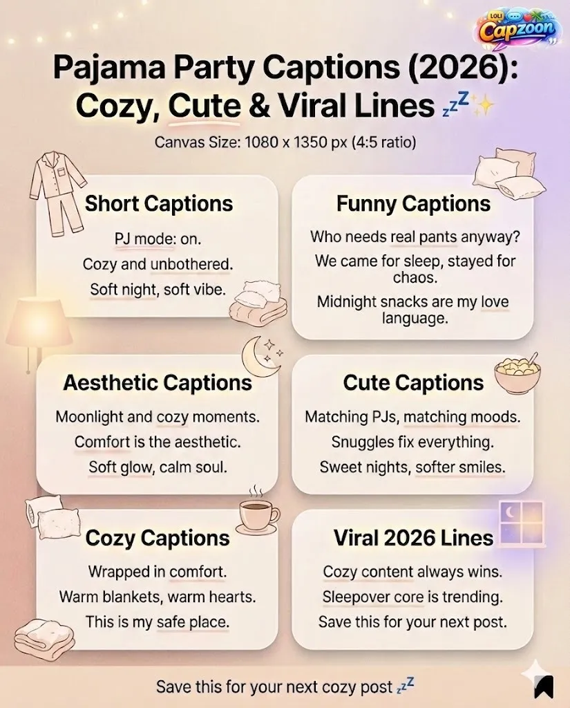 Pajama party captions infographic featuring cozy, funny, cute, and aesthetic Instagram caption ideas for sleepovers, including short lines, matching pajama quotes, and viral 2026 cozy content phrases.
