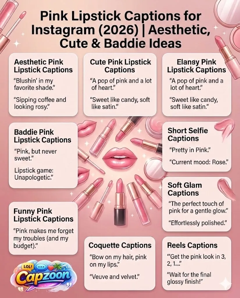 Pink lipstick captions for Instagram 2026 infographic featuring aesthetic, cute, baddie, short, funny, soft glam, coquette, and reels caption ideas in a modern pink gradient beauty design.