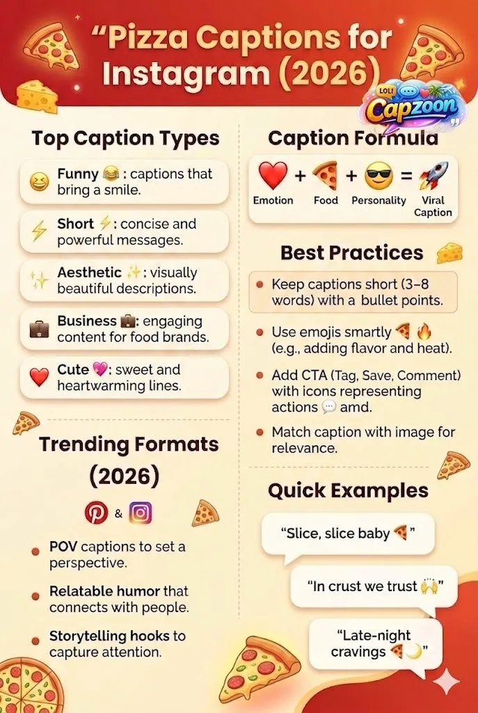 Infographic showing pizza captions for Instagram in 2026, including funny, short, aesthetic, and viral caption ideas with tips on improving engagement using emojis, storytelling, and trending formats.