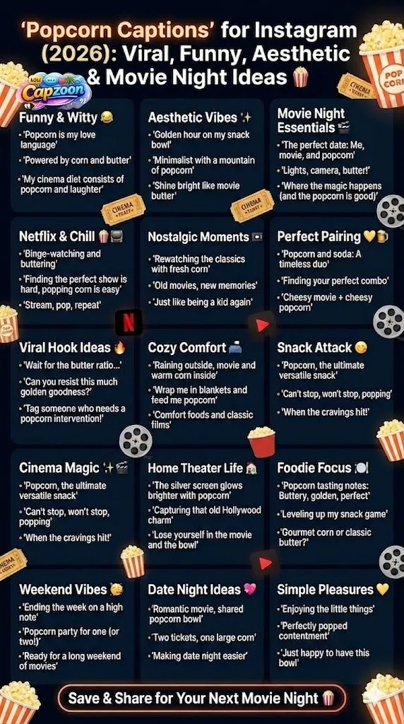Infographic showing popcorn captions for Instagram 2026 including funny, aesthetic, romantic, viral, short, and movie night caption ideas designed for higher engagement, likes, and social media growth.