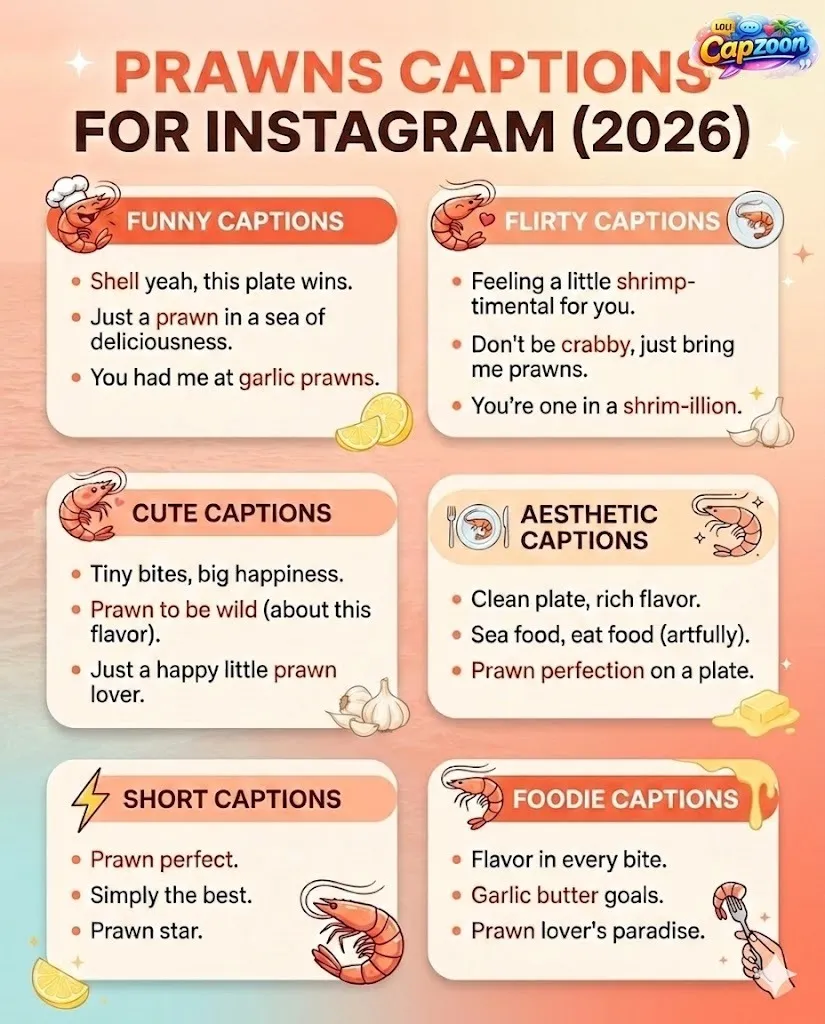 Prawns captions for Instagram infographic showing funny, flirty, cute, aesthetic, short, and foodie caption ideas for seafood posts, reels, and stories in 2026.
