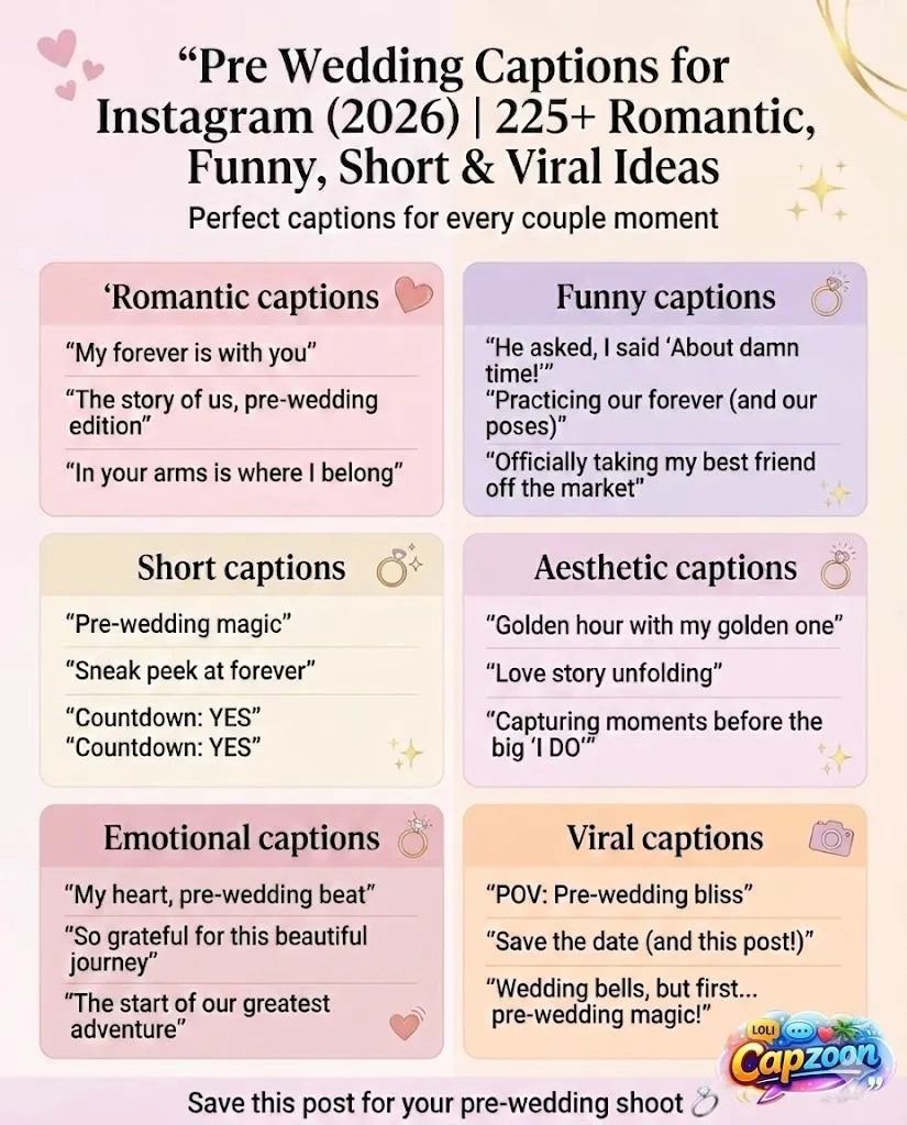 Pre-wedding captions for Instagram infographic 2026 featuring romantic, funny, short, aesthetic, emotional, and viral couple captions for engagement and pre-wedding photos, designed for social media inspiration and engagement.