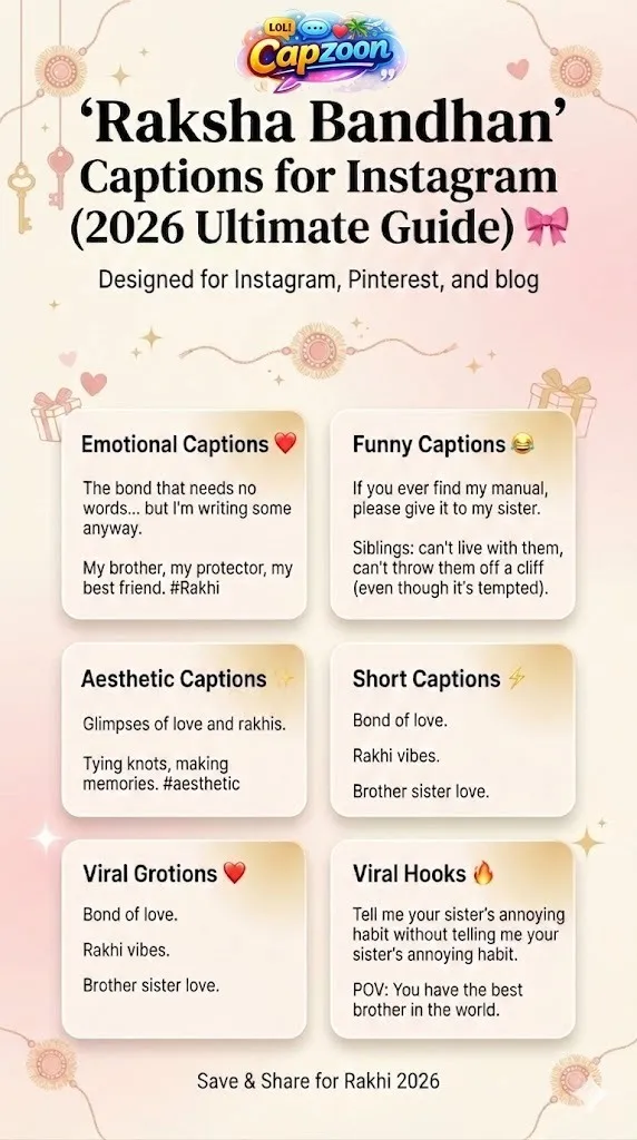 Raksha Bandhan Captions for Instagram 2026 infographic featuring emotional, funny, aesthetic, short, and viral caption ideas for siblings.