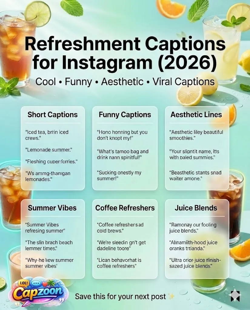 Refreshment captions for an Instagram infographic featuring cool, funny, and aesthetic drink caption ideas for 2026, including summer, coffee, juice, and hydration themes in a modern, stylish design.