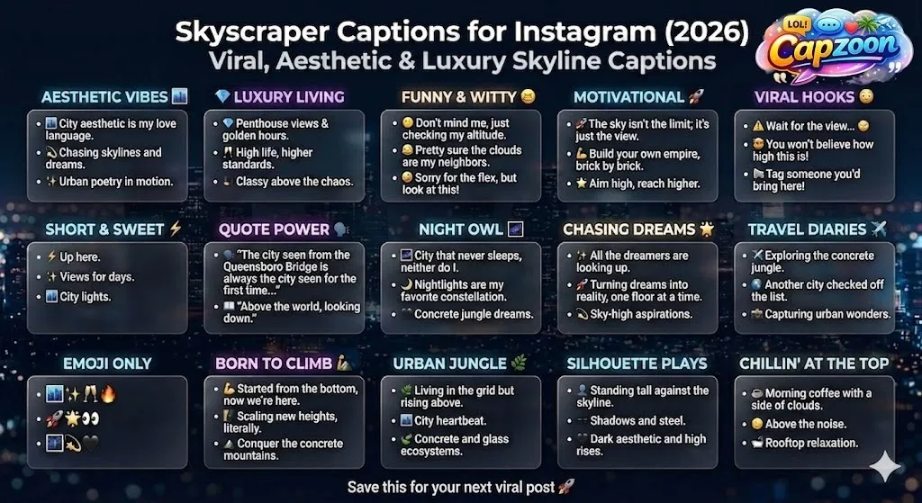 Infographic showing Skyscraper Captions for Instagram (2026) with aesthetic, luxury, funny, motivational, and viral skyline caption ideas designed to boost engagement, saves, and shares for social media posts.