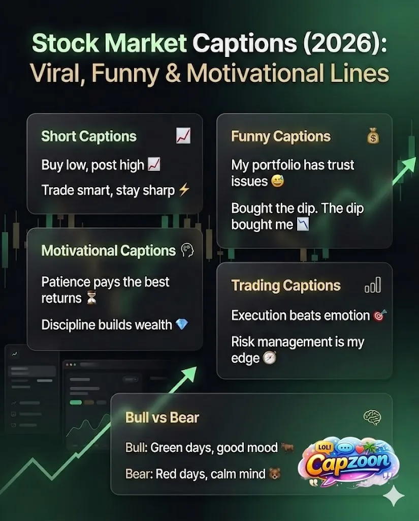 Stock market captions infographic featuring short, funny, motivational, trading, and bull vs bear market captions for Instagram with a modern dark finance theme and chart visuals.