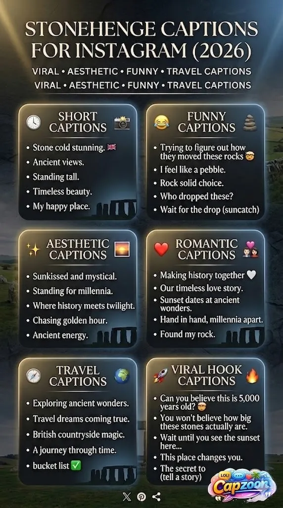 Stonehenge captions for Instagram infographic (2026) showing viral, aesthetic, funny, romantic, and travel caption ideas with a modern cinematic design inspired by UK heritage and the ancient Stonehenge monument.