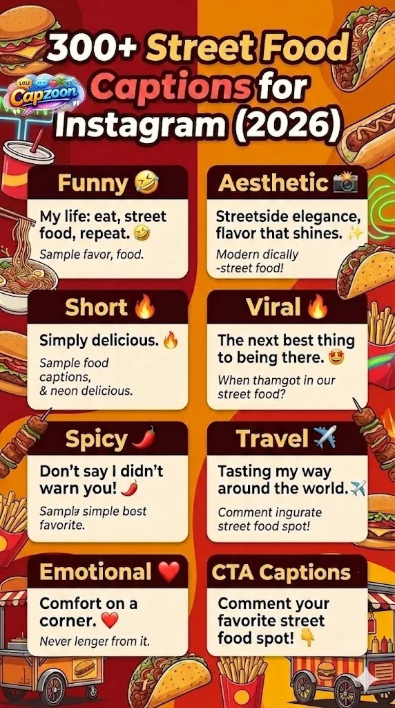 Street food captions for Instagram 2026 infographic showing viral, funny, aesthetic, short, and spicy caption ideas for food bloggers and social media engagement growth.