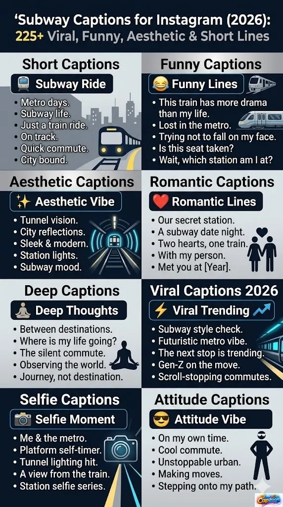 Subway captions for Instagram infographic 2026 featuring 225+ viral, funny, aesthetic, romantic, and short metro caption ideas in a modern urban design layout.