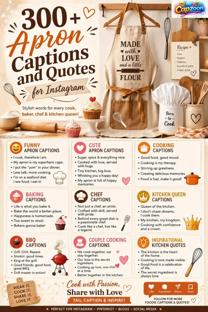 Infographic featuring 300+ apron captions and quotes for Instagram, including funny apron captions, cooking captions, baking quotes, chef captions, kitchen sayings, and foodie Instagram ideas.