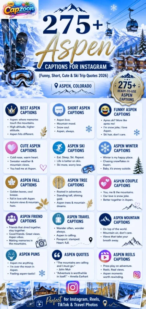 275+ Aspen captions for Instagram infographic featuring funny, short, cute, ski trip, winter, fall, mountain, travel, and Aspen Colorado caption ideas for social media posts.