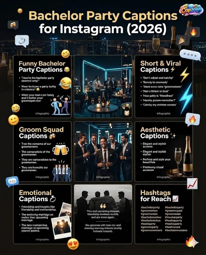 Infographic showing bachelor party captions for Instagram 2026, including funny, short, aesthetic, groom squad, and emotional captions with viral hashtag ideas.