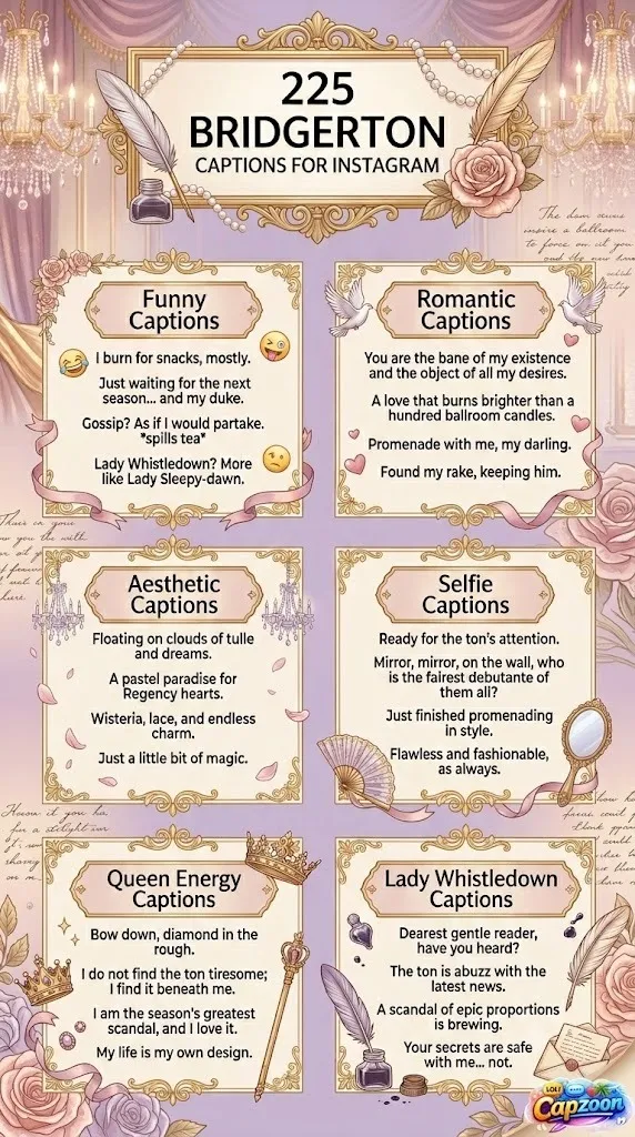 Elegant Bridgerton captions for Instagram infographic featuring 225 funny, romantic, aesthetic, selfie, and Queen Energy caption ideas with Regency-era luxury design.