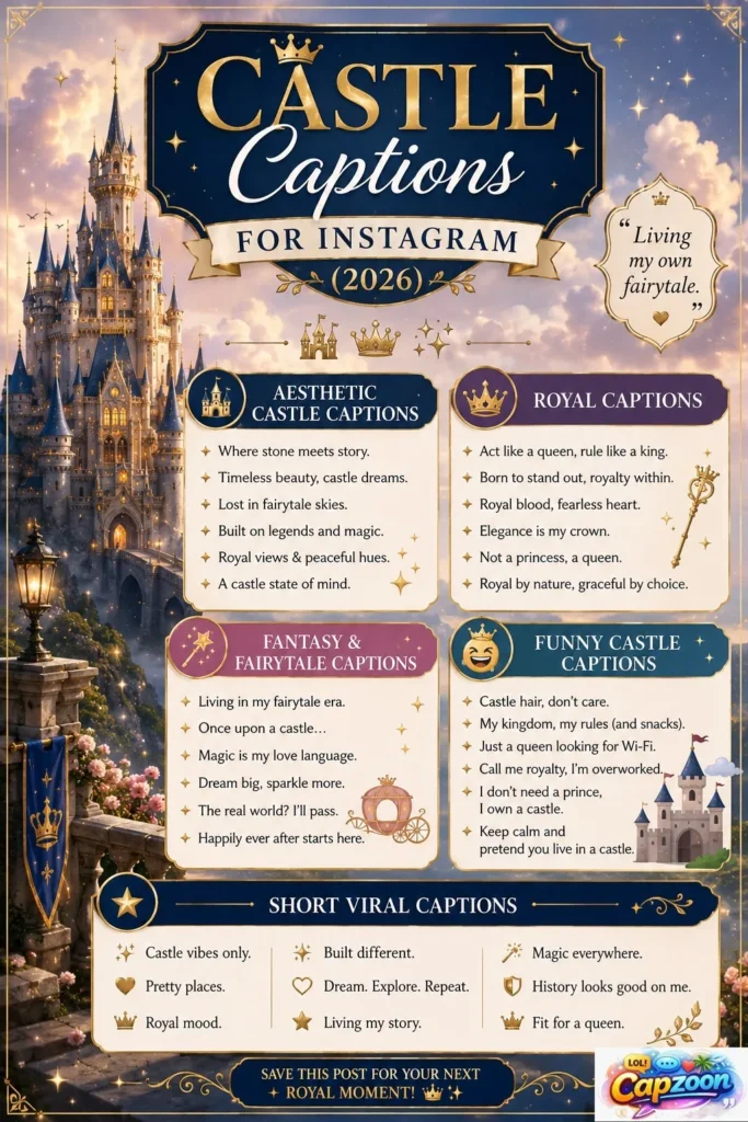 Infographic showing 2026 castle captions for Instagram, including aesthetic, royal, fantasy, funny, and short viral caption ideas with a fairytale castle background design.