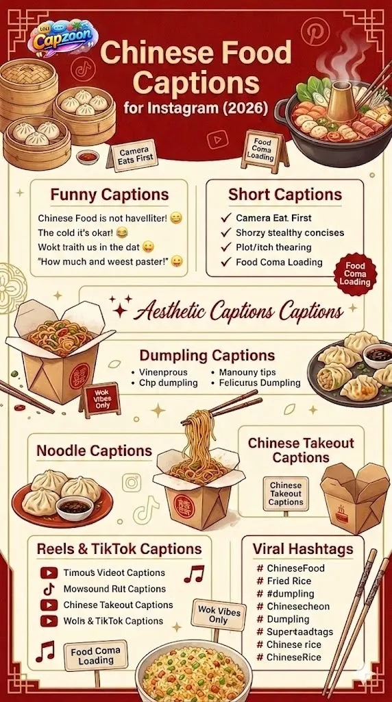 Infographic showing Chinese food captions for Instagram including funny, aesthetic, short, dumpling, noodle, takeout, and viral foodie caption ideas for 2026.
