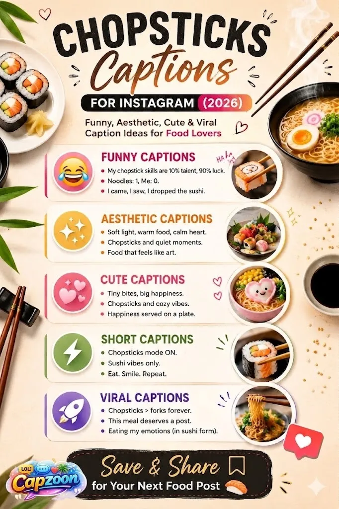 Chopsticks captions for Instagram infographic featuring funny, aesthetic, cute, and viral food caption ideas for sushi, ramen, and Asian food posts in 2026.