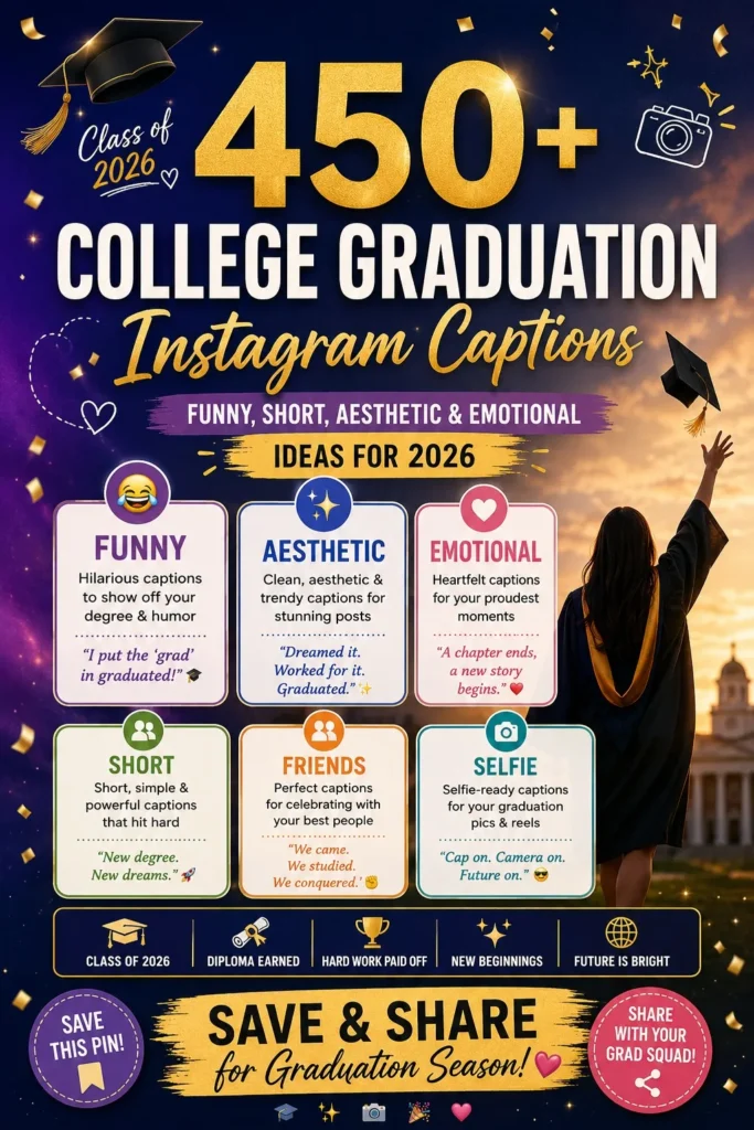 College graduation Instagram captions infographic featuring 450+ funny, short, aesthetic, and emotional caption ideas for Class of 2026 graduation posts and reels.