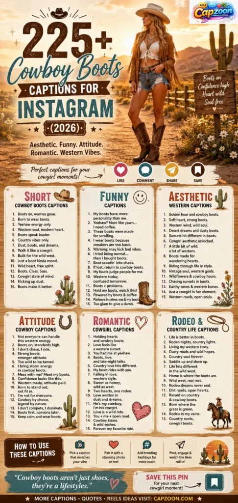 Cowgirl wearing stylish cowboy boots in a desert sunset with an infographic featuring 225+ cowboy boots captions for Instagram, including aesthetic, funny, romantic, and western caption ideas.