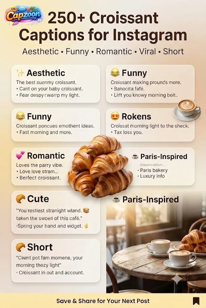 250+ croissant captions for an Instagram infographic featuring aesthetic, funny, romantic, and viral caption ideas for bakery and café lifestyle posts.