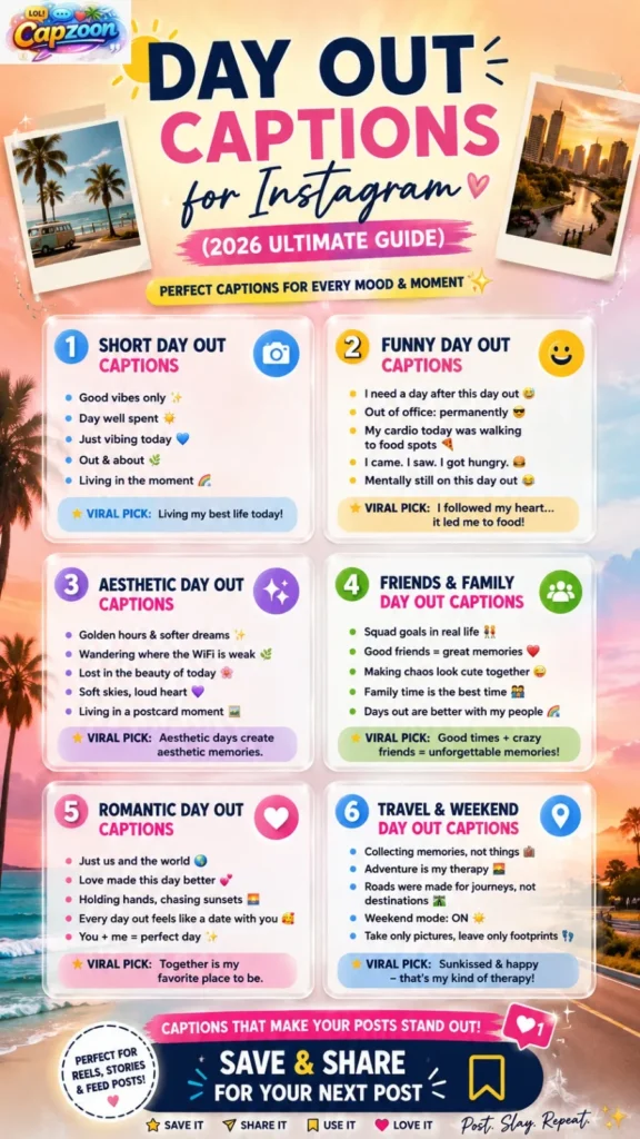 Infographic showing 225+ day-out captions for Instagram, including funny, aesthetic, romantic, short, and friends captions for 2026 social media posts.