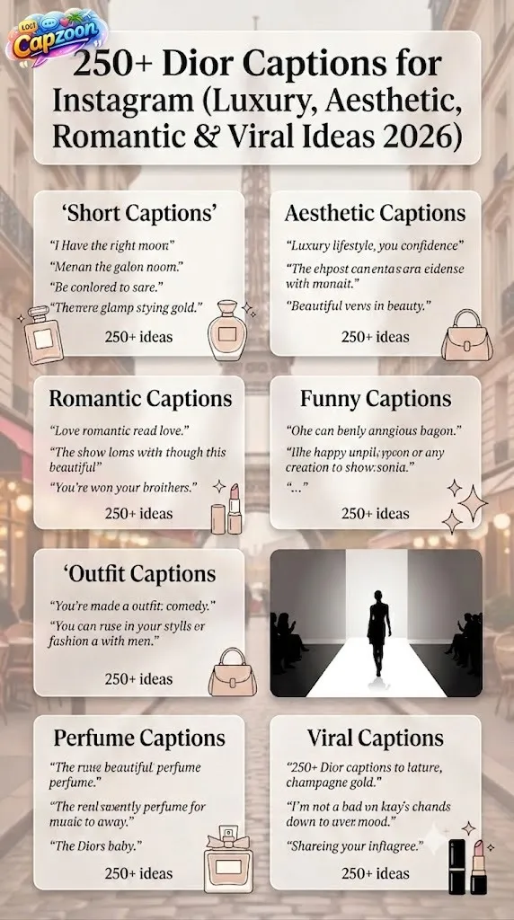 Luxury Instagram infographic showing 250+ Dior captions for Instagram, featuring aesthetic, romantic, funny, and viral caption ideas in a soft Paris fashion-inspired design with elegant typography.
