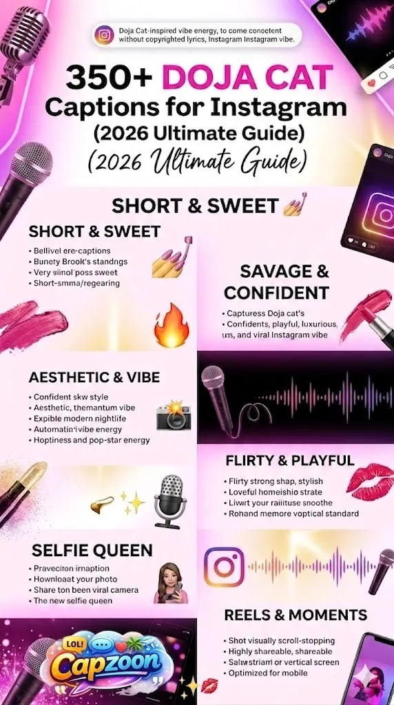 Doja Cat captions for Instagram infographic featuring 350+ savage, funny, aesthetic, and flirty caption ideas for selfies, Reels, and viral posts in 2026.