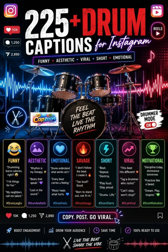 Infographic showing 225+ drum captions for Instagram, including funny, aesthetic, short, emotional, and viral caption ideas for musicians and content creators.