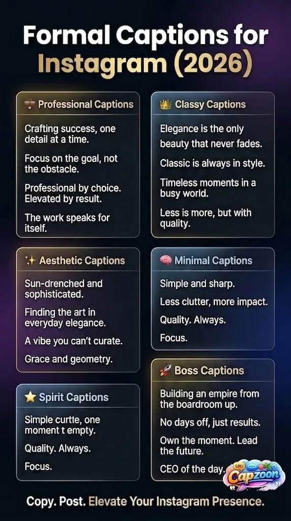 Formal captions for Instagram infographic showing classy, professional, aesthetic, minimal, and boss-style caption ideas for social media posts in 2026.