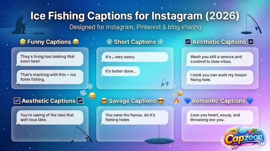 Ice fishing captions for Instagram 2026 infographic showing funny, short, aesthetic, romantic, and savage caption ideas with winter frozen lake design and social media style layout.