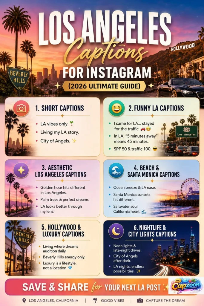 Infographic showing Los Angeles captions for Instagram including aesthetic, funny, beach, Hollywood, luxury, and nightlife captions for viral social media posts in 2026.