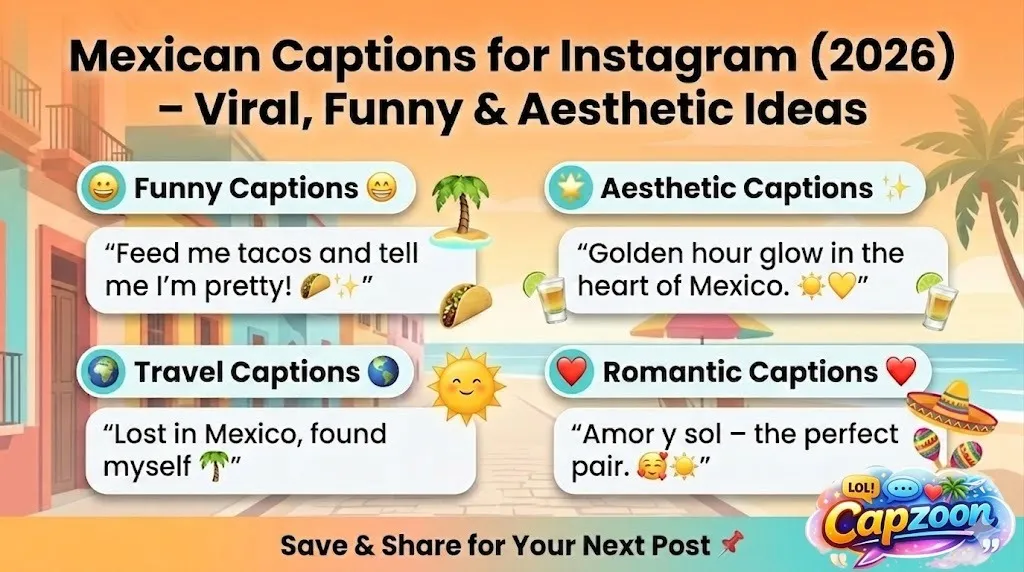 Mexican captions for Instagram infographic showing viral, funny, aesthetic, and travel caption ideas for 2026 social media posts and reels.