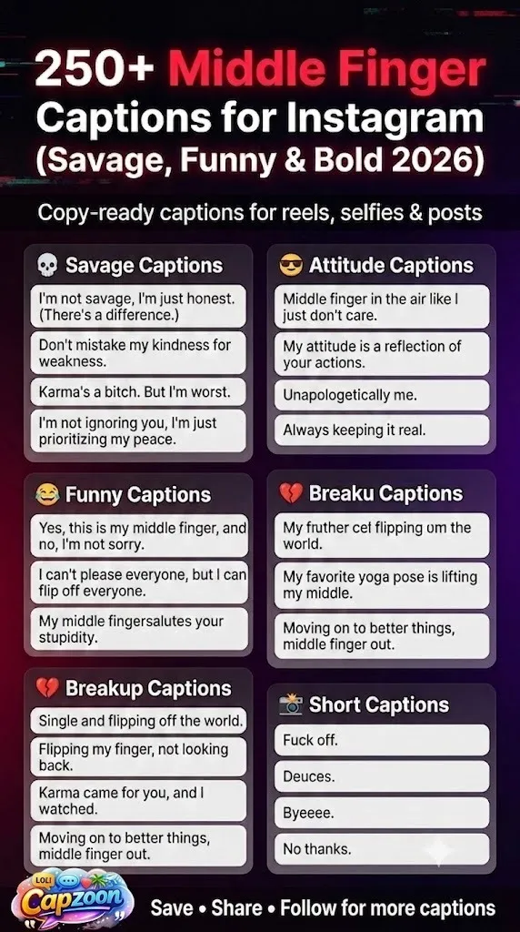 Infographic showing 250+ middle finger captions for Instagram, including savage, funny, attitude, and breakup captions designed for viral social media posts in 2026.