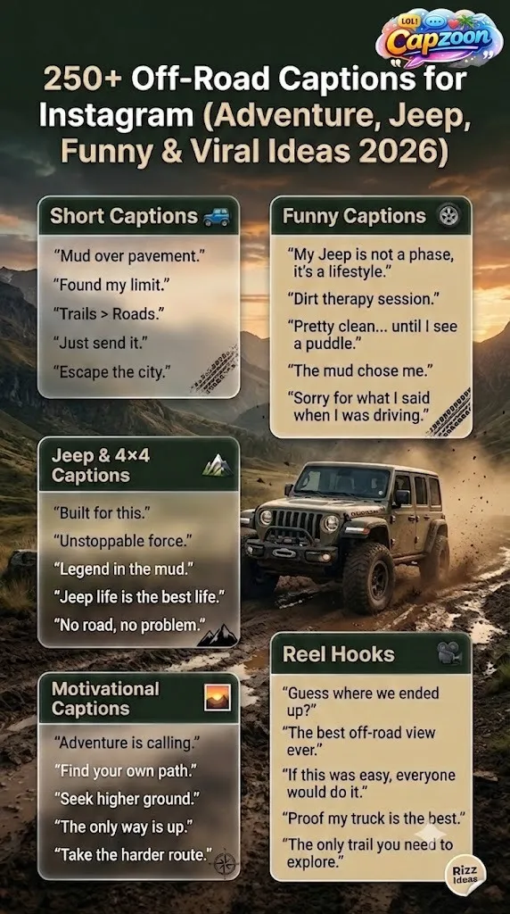 Infographic showing 250+ off-road captions for Instagram, including Jeep, 4x4, funny, short, motivational, and adventure captions for viral social media posts.