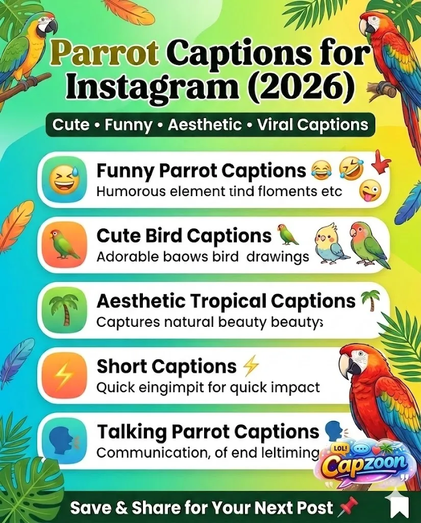 Infographic showing 2026 parrot captions for Instagram including funny, cute, aesthetic, short, and viral caption ideas with tropical bird design elements.