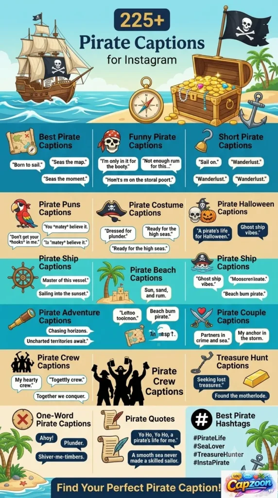 Infographic showing 225+ pirate captions for Instagram, including funny pirate captions, pirate puns, costume captions, Halloween captions, pirate ship quotes, treasure captions, and social media hashtag ideas.