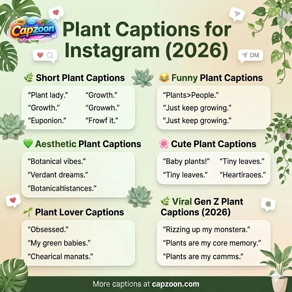 Infographic showing plant captions for Instagram 2026 including funny, aesthetic, cute, and viral Gen Z captions designed to boost engagement and social media growth.