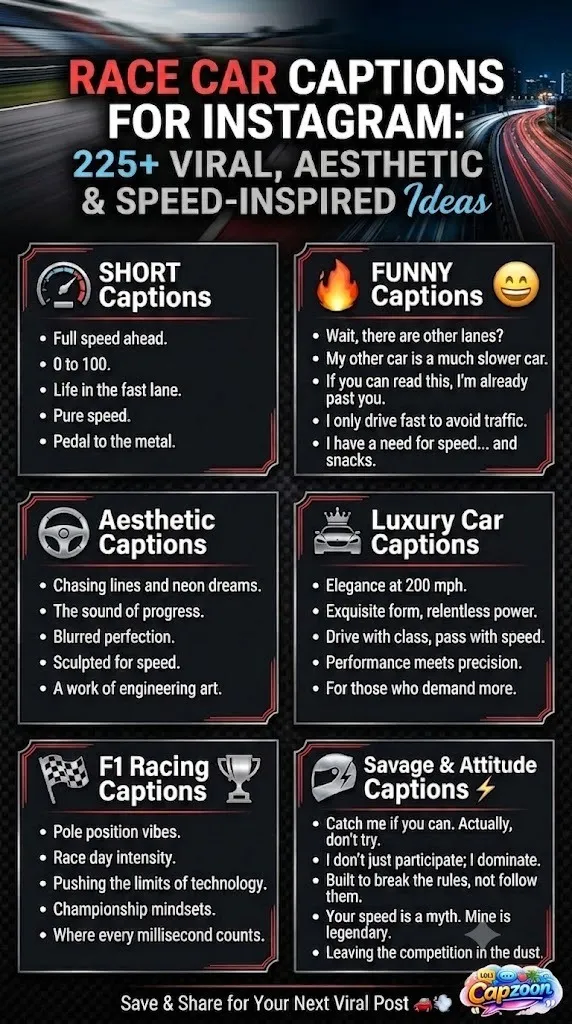 Race car captions for Instagram infographic featuring 225+ viral, aesthetic, funny, luxury, and F1 racing captions designed for social media engagement.